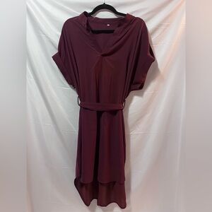 Elegant Burgundy Women's Dress with Tie Around Waste. 1XL.